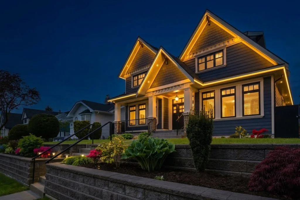 A beautifully lit house stands proudly at twilight, showcasing its architectural details